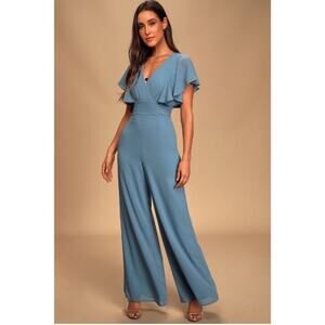 Lulu’s | Bow For Love Flutter Sleeve Jumpsuit Slate Blue XS